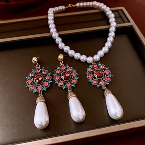 Baroque Vintage Jewelry Alloy Imitation Artificial Pearl Rhinestone Colorful Gemstone Teardrop Necklace And Earrings Elegant Retro Women