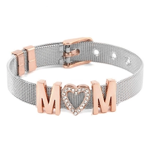 Adjustable stainless steel mesh bracelet with MOM letters and sparkling heart charm