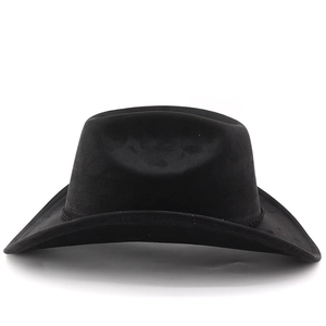 Front view of black faux suede western cowboy hat with textured braided band detail