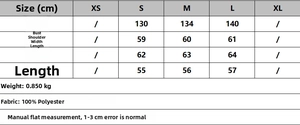 Detailed size guide table for double-sided cotton jacket with 100% polyester fabric
