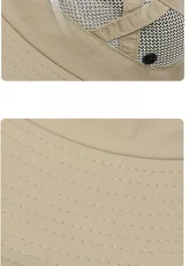 Détail du large bord avec coutures renforcées et aérations sur le chapeau kaki