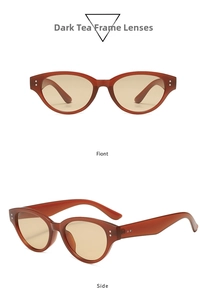 Front and side view of cat eye sunglasses in dark tea frame with silver rivets