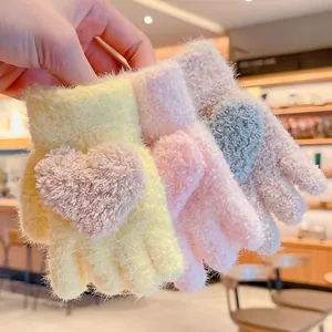 Kids Toddler Knitted Gloves Heart Faux Fur Patch Winter Warm Soft Plush Full Finger Daily Outdoor