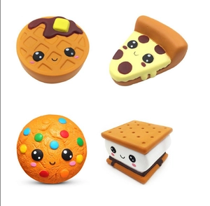 Detailed view of four colorful slow-rebound squishy food toys with cute smiling faces