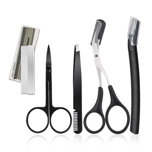 5-piece stainless steel eyebrow grooming set with scissors, tweezers and razor in black