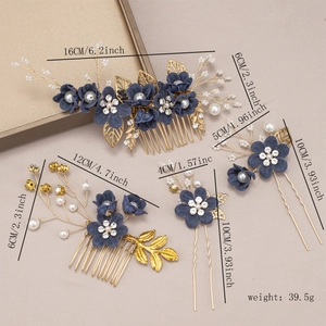 Elegante set di 4 pettini per capelli con fiori blu con foglie dorate e perle