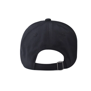 Rear view of black washed cotton baseball cap with adjustable metal buckle strap