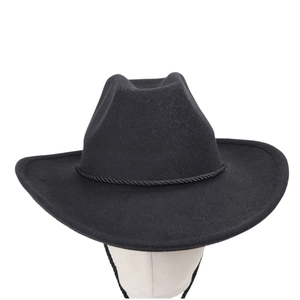 Detailed view of the black wool felt fedora with a decorative woven rope and chin strap