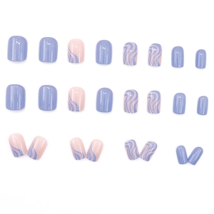 Short blue and pink wave pattern press-on nails with minimalist summer matte finish