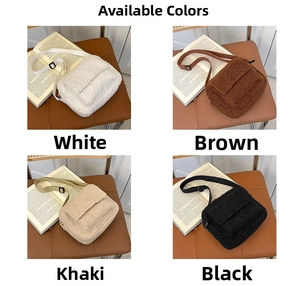 Detailed close-up of fluffy lamb wool crossbody bags in white brown khaki and black colors