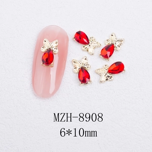Red teardrop gemstone with golden butterfly base for nail art, model MZH-8908, 6x10mm size