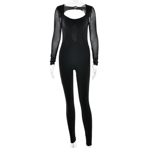 Women's black long sleeve bodysuit with mesh sleeves and chest cutout detail