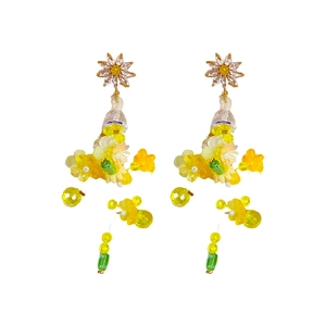 Boucles d'oreilles fleur en zircon avec pompons en cristal jaune pour style de plage