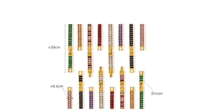 Detail view of colorful zircon tennis bracelets showing length 39cm and width 0.6cm specs