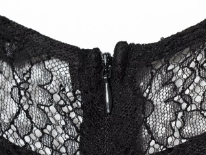 Detail of the high-quality black lace stitching and invisible metal zipper closure