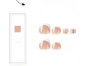Detail of French tip press-on toe nails with white edges and sparkling rhinestones