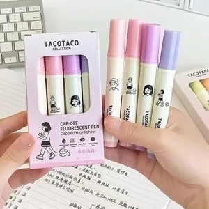 Set of 4 soft pastel highlighters with cute illustrations in a study scene