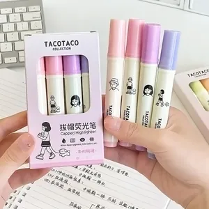 Set of 4 soft pastel highlighters with cute illustrations in a study scene