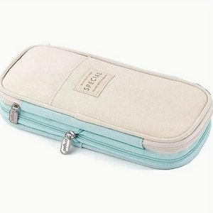 Large capacity canvas pencil case in mint green and cream white bicolor design