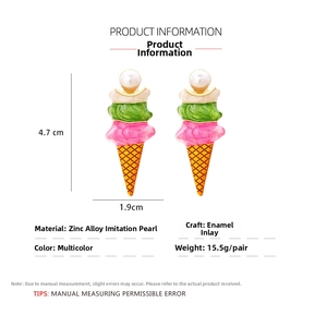 Detailed view of colorful ice cream cone earrings with zinc alloy and faux pearls
