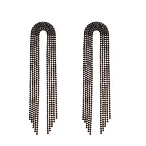 Dark style geometric tassel earrings with black rhinestones in a luxury long drop design