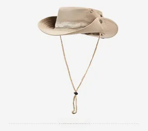 Detail view of khaki fishing hat with adjustable wind cord and side metal press buttons