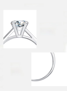 Detail of 925 sterling silver ring with six-prong Moissanite D color VVS1 gemstone