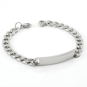 Men's stainless steel Cuban link ID bracelet with a polished engravable flat metal plate