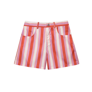 Women Summer Casual Striped Shorts High Waist Loose Straight Leg Colorful Vertical Stripe Cotton Blend Twill Hot Pants