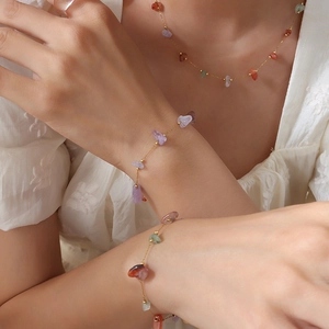 Gold plated stainless steel jewelry set with colorful natural stone pendant and beads