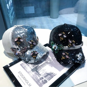Sparkly sequin mesh baseball caps with rhinestone bee and butterfly embroidery decorations