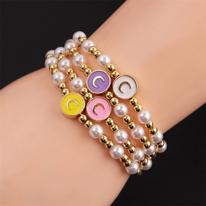 Women Beaded Bracelet With Copper Beads And Imitation Artificial Pearls Moon Alphabet Enamel Pendant Trendy Elegant Accessory