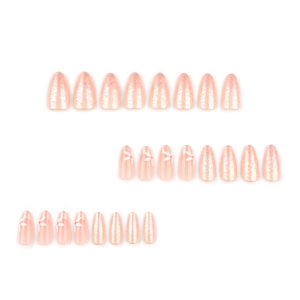 White floral almond press-on nails with peach pink cat-eye finish 24pcs set