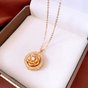 Vintage style 18K gold rose pendant necklace with zircon flower and delicate O-chain