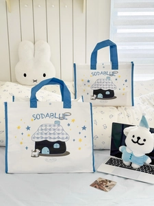 Detailansicht der gewebten Einkaufstaschen mit blauen Häusern und Tragegriffen