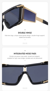 Detail of steampunk sunglasses showing double hinge design and integrated nose pads