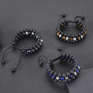 Handmade 8mm volcanic lava and tiger eye triple-layer woven bracelet with pineapple beads