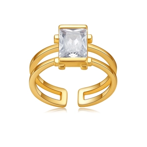Detail of gold open ring featuring a large rectangular zircon and double-layer band