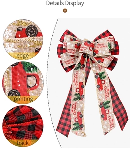 Detailed view of Merry Christmas print on red plaid and beige faux linen holiday bow