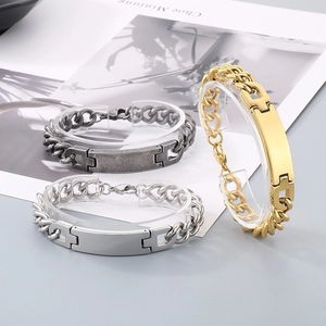 Polished stainless steel ID curb bracelets in gold, silver, and antique silver finishes