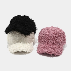Thick warm plush baseball caps for women in black, white, and pink textured faux fur