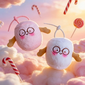 Cute marshmallow plush keychain with glasses on soft dreamlike purple cloud background