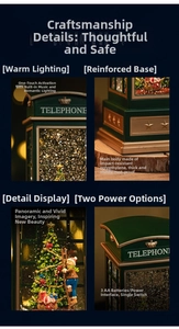 Detail view of the retro telephone booth base, power switch, and festive interior light