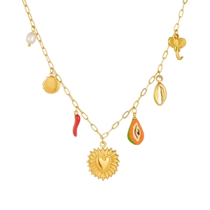 Gold stainless steel necklace with elephant, heart, and papaya pendants on a link chain