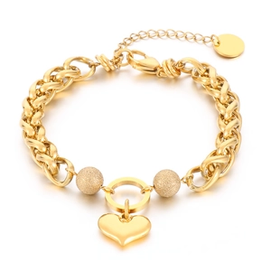 Fashionable gold heart pendant bracelet with thick chain and matte beads for women