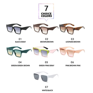 Collection of seven square oversized sunglasses in various colors on a white background