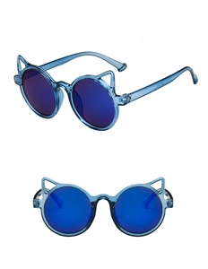 Front and side view of blue cat ear sunglasses with reflective mirror lenses for kids