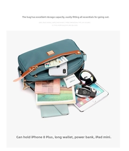 Top-down view of teal nylon crossbody bag showing compartments for iPad, phone and wallet