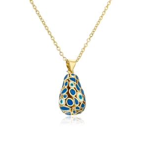Detailed close-up of a hollow teardrop pendant with blue evil eye enamel and 18K gold plating