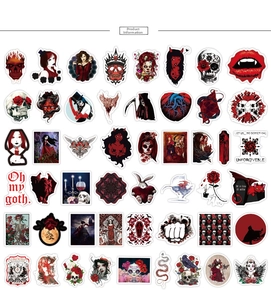 Variety of gothic punk stickers featuring skulls, roses and dark occult symbols for scrapbooking